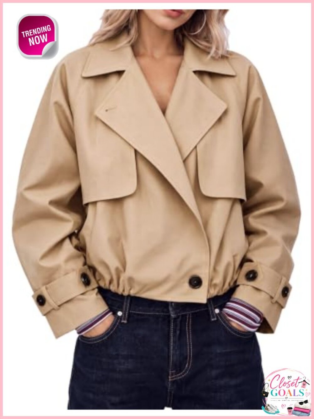 Womens Cropped Trench Coat Long Sleeve Notch Lapel Button Cuff Short Jacket